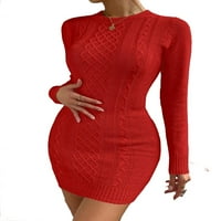 Елегантен обикновен кръг врата Дълъг ръкав червени дамски пуловер рокли