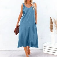Жени макси глезен дължина лятна ежедневна рокля халтер без ръкави твърди жени рокли с джобове синьо l
