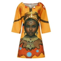 Wendunide летни рокли за жени жени модни африкански винтидж печат среден ръкав v шия ежедневна мини рокля жълта xl