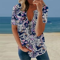 Zipp v neck къси ръкави ризи жени флорални върхове ежедневни блузи дизайн туника модни тийнейджъри летни ежедневни тениски флот l