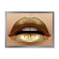 Дизайнарт 'близък план на женски дебелички устни със златно червило' модерен арт принт в рамка