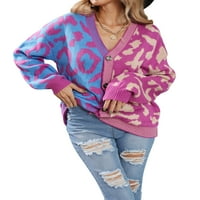 Luethbiez Women's Knit Cardigan, ежедневен контраст цветен леопардов модел пачуърк мода уникални бутони с дълъг ръкав бутони свободни монтирани плетеверки пуловер палта