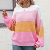 Yeasitch дамски цветни блок пуловери есен зимен екипаж удобен хлабав пуловер с дълъг ръкав плетен джъмпер върхове розови m