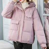 Дамски зимни сгъсти пухкаво палто Плътен цвят качулка пухкаво палто с кожа яка розов Размер л