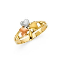 Солиден 14K жълта бяла розова златна детелина пръстен за късмет чар сатен полиран дизайн фантазия, размер 7.5