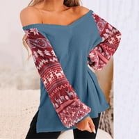 Дамски пуловери есен и зима Fasion Цветово-блок Коледно отпечатано v-образно деколте странични ръкави страни