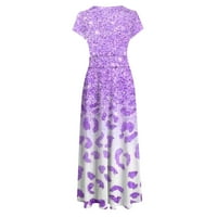 Hfyihgf Бохемска шифонска рокля за женски летен къс ръкав Crewneck с висока талия с дължина на глезена тънка монтирана морска ваканция плаж рокля лилаво s