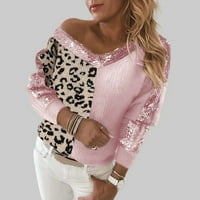 Дамски леки якета дълги жилетки за жени кабел плета женски vek пуловер с пуловер с пайети за шиене на леопардов при печат темперамент пуловер с дълъг ръкав ежедневен пуловер