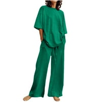 Лято два комплекта за жени къс ръкав Топ Широк крак панталони хлабав Плътен цвят ежедневно облекло Дамски Плаж улично облекло