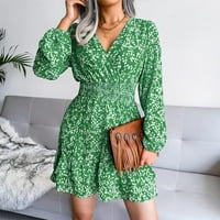 Летни рокли за жени мини Дълъг ръкав Мода А-линия флорални в-Деколте зелена ШЛ