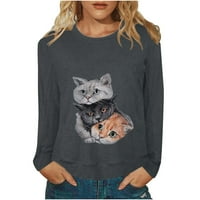 Дълъг ръкав върхове за жени Сладък котка Графичен суитчър случайни екипажа риза хлабав годни Пуловер Лято Есен дрехи