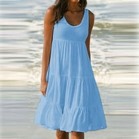 Yeasitch летни рокли за жени Модни празници Лято солиден цвят без ръкави Парти плажни рокли пролетни рокли Sundresses Sky Blue M