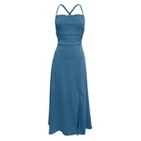 Рокли за жени без ръкави дълги ежедневни а-линии солидни халтер лятна рокля Blue XL