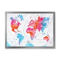Дизайнарт карта на света в синьо и розово модерна рамка Арт Принт