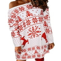 Дамски ежедневни снежинки печат Коледа пуловер плетена рокля дълъг ръкав пуловер рокля пуловер