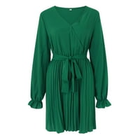 Женска женска опаковка V Neck Ress Wedding гости Небрежни плисирани мини рокли с дълги ръкави Женска небрежна рокля Зелена XL