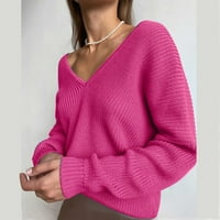 Пуловерът с твърд цветен пуловер за жени V Врат небрежен плетен пуловер с дълъг ръкав