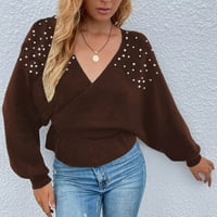 Aoksee пуловери за жени модни дамски V-образен зимен перла солиден пуловер с дълъг ръкав върхове пуловери