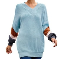 Жени мода v Вратна ръкав ивица Цветни върхове свободни плетени пуловер Марка дрехи Сини s