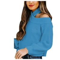 Entyinea плетен пуловер за жени екипаж пуловер с дълъг ръкав с дълъг ръкав с дълги ръкави сини xxxl
