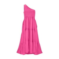 Soyxzc дамски летни рокли без ръкави едно рамо свободни ежедневни вечерни абитуриентски абитуриент рокля солидна цветова цепка люлка дълга рокля розово m